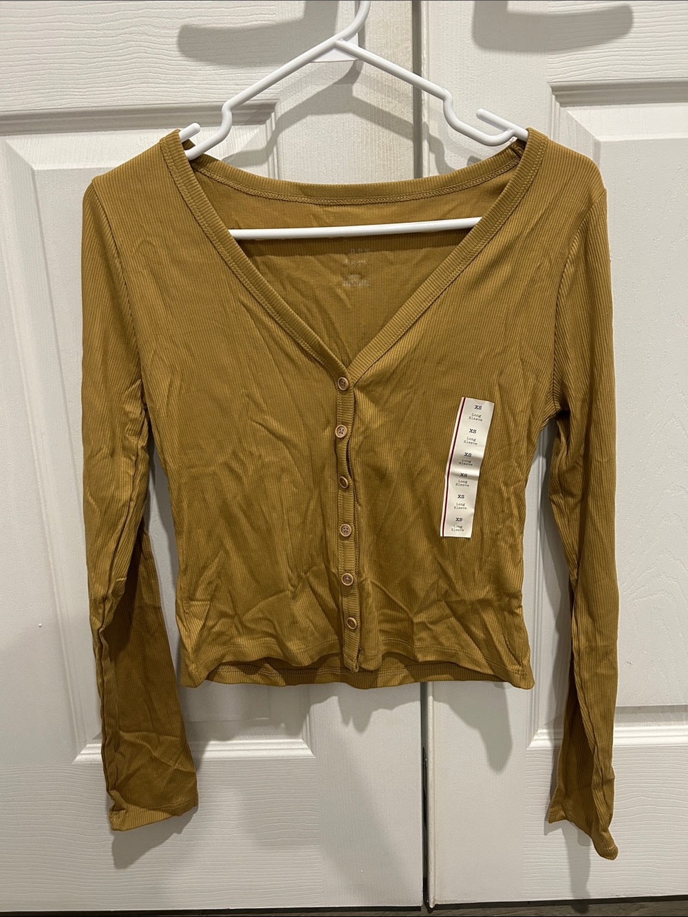 a new day Mustard Ribbed V-Neck Button-Front Long Sleeve Top
